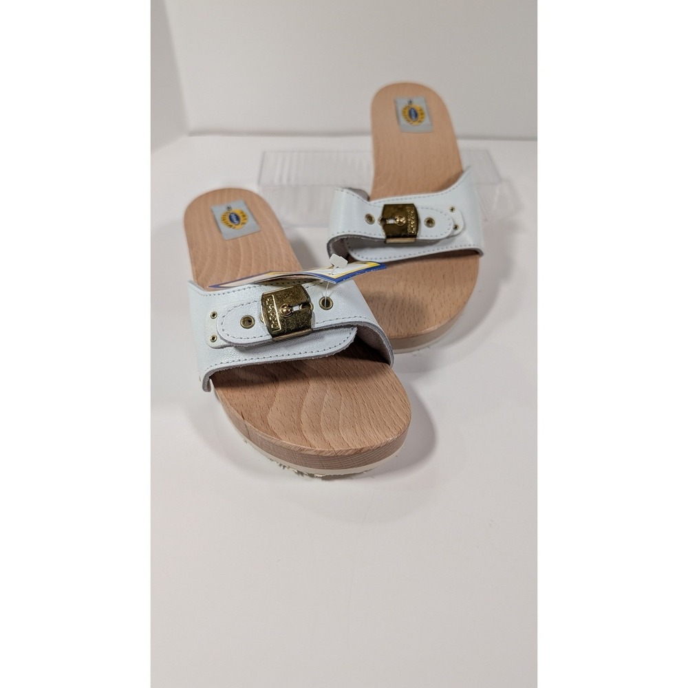 Dr. Scholls Original Exercise Sandals White Leather Wood Slides Made in Italy 8